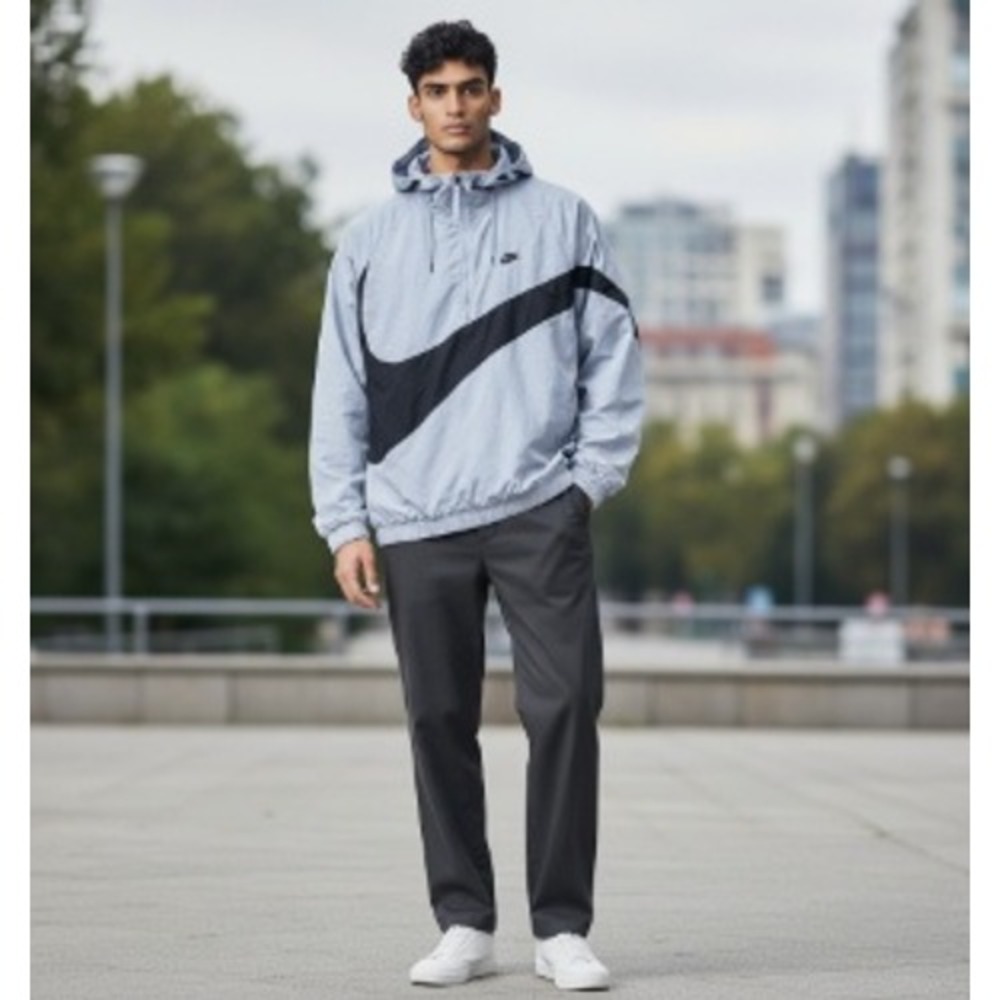 Nike Big Swoosh Anorak Jacket Half-Zip Men's XXL Hooded Windbreaker Grey Carbon